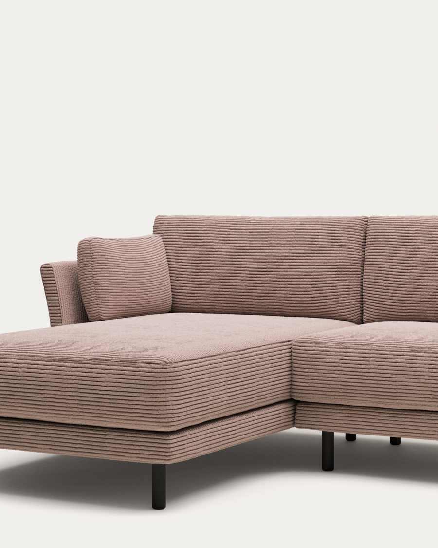 Gilma fire-retardant 3-seater sofa with right/left chaise longue in thick pink corduroy with black-finish legs 260cm
