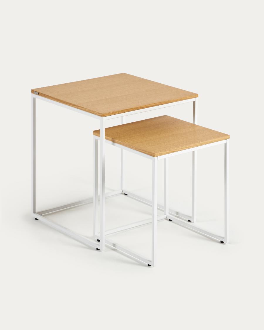 Yoana set of 2 nesting side tables with oak wood veneer and painted white metal structure