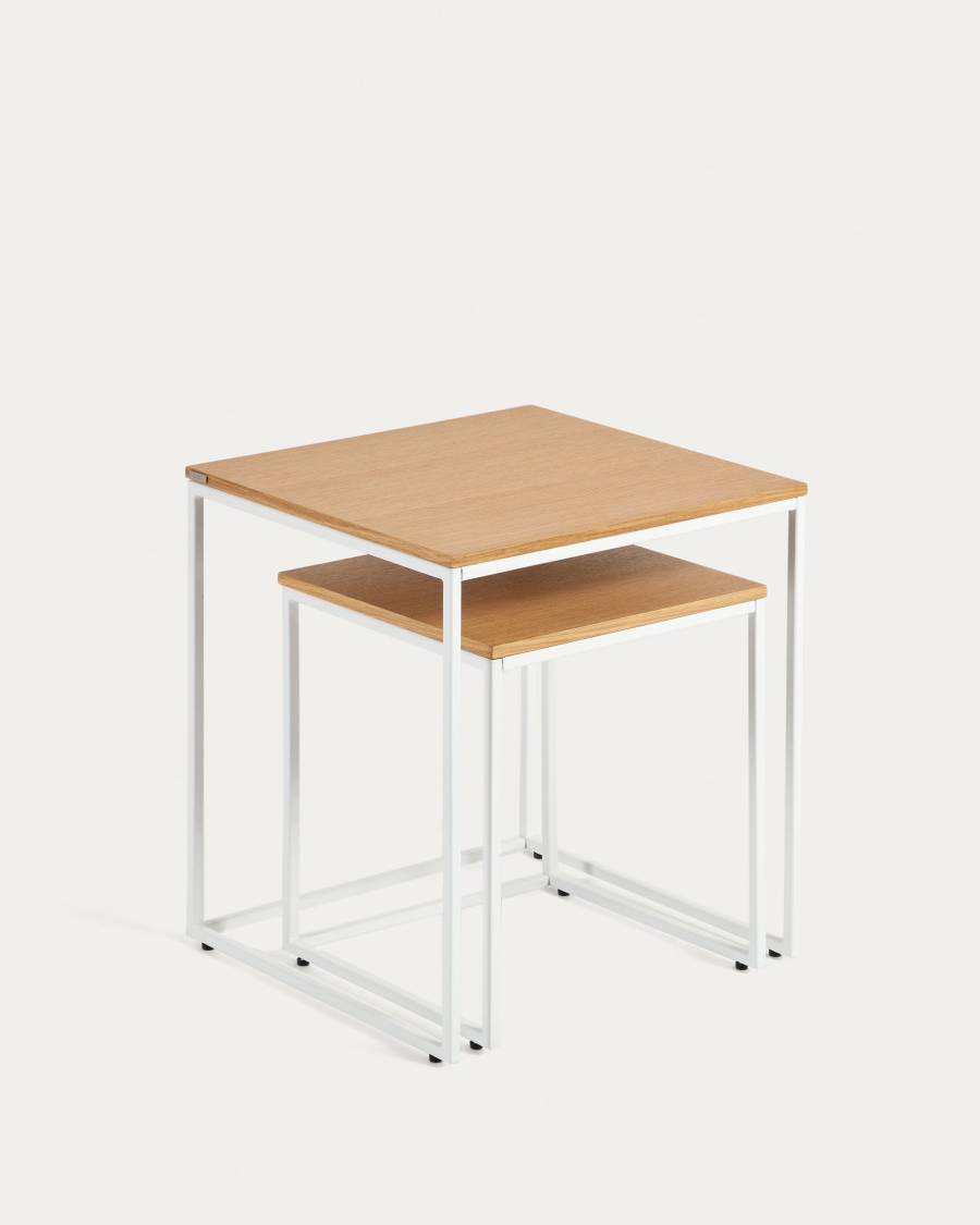 Yoana set of 2 nesting side tables with oak wood veneer and painted white metal structure