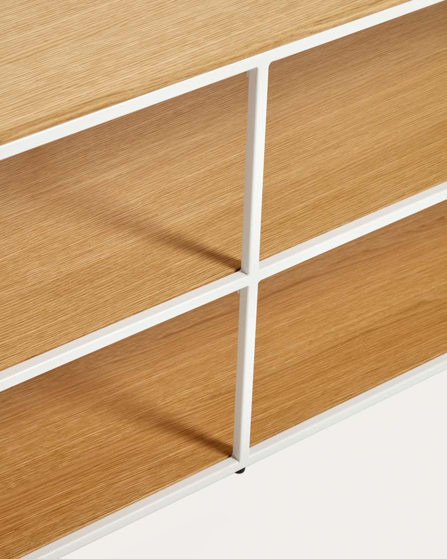 Yoana TV stand with oak veneer and painted white metal structure, 160 x 40 cm