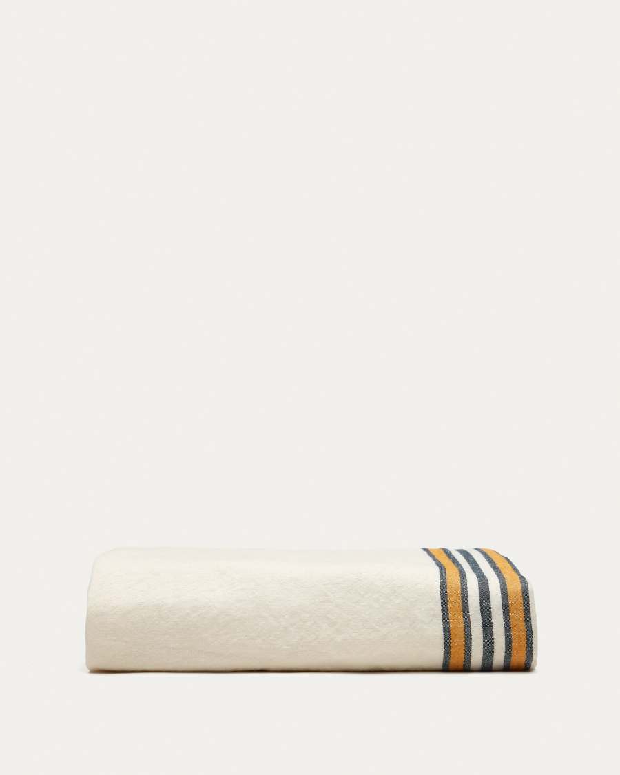 Vallcanera tablecloth in cotton and linen with mustard and blue stripes, 150 x 250 cm