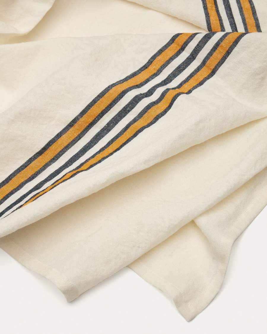 Vallcanera tablecloth in cotton and linen with mustard and blue stripes, 150 x 250 cm