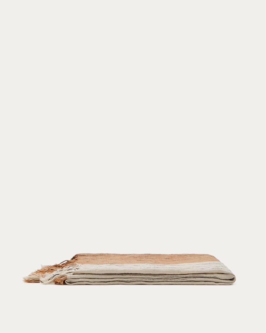Sunig beige and terracotta striped blanket, 100% linen, 130 x 170 cm