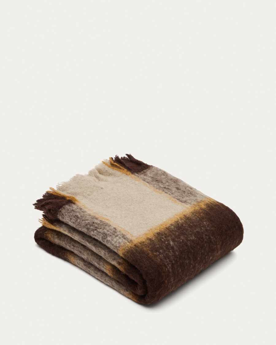 Maro check blanket with grey and brown fringes 130 x 170 cm