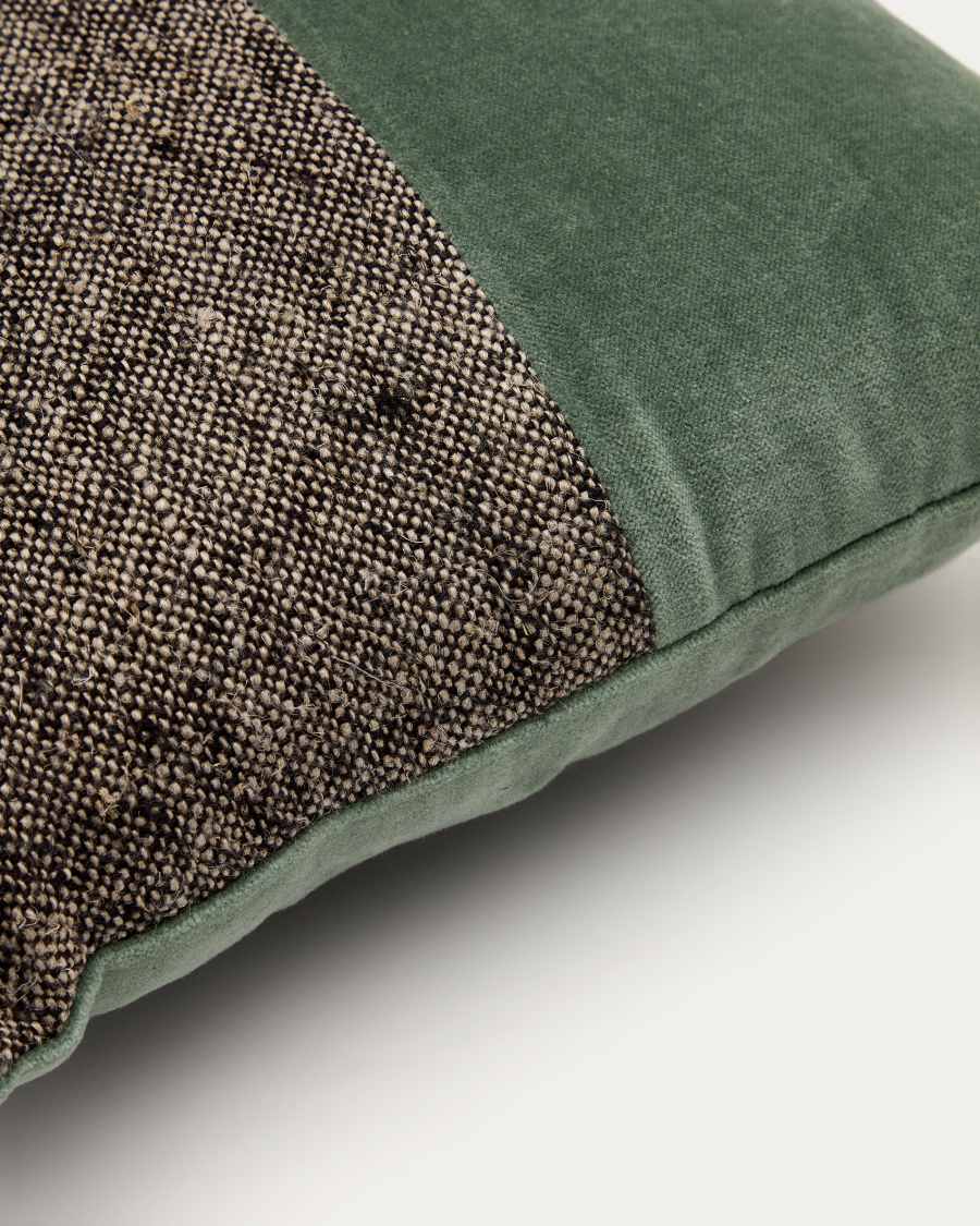 Funda cojín Mikayla de lino y algodón estampado y terciopelo negro y verde 30 x 50 cm