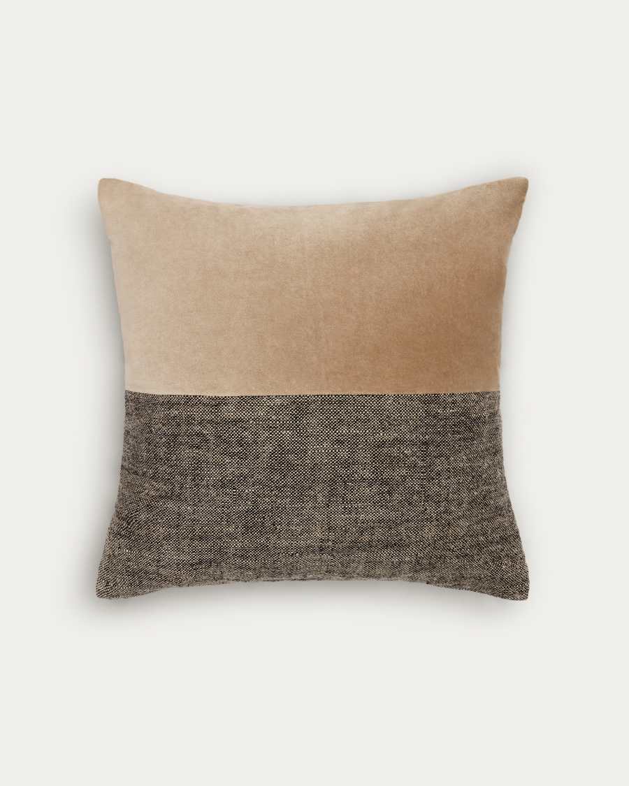 Mikayla linen and cotton printed cushion cover with black, natural velvet 45 x 45cm