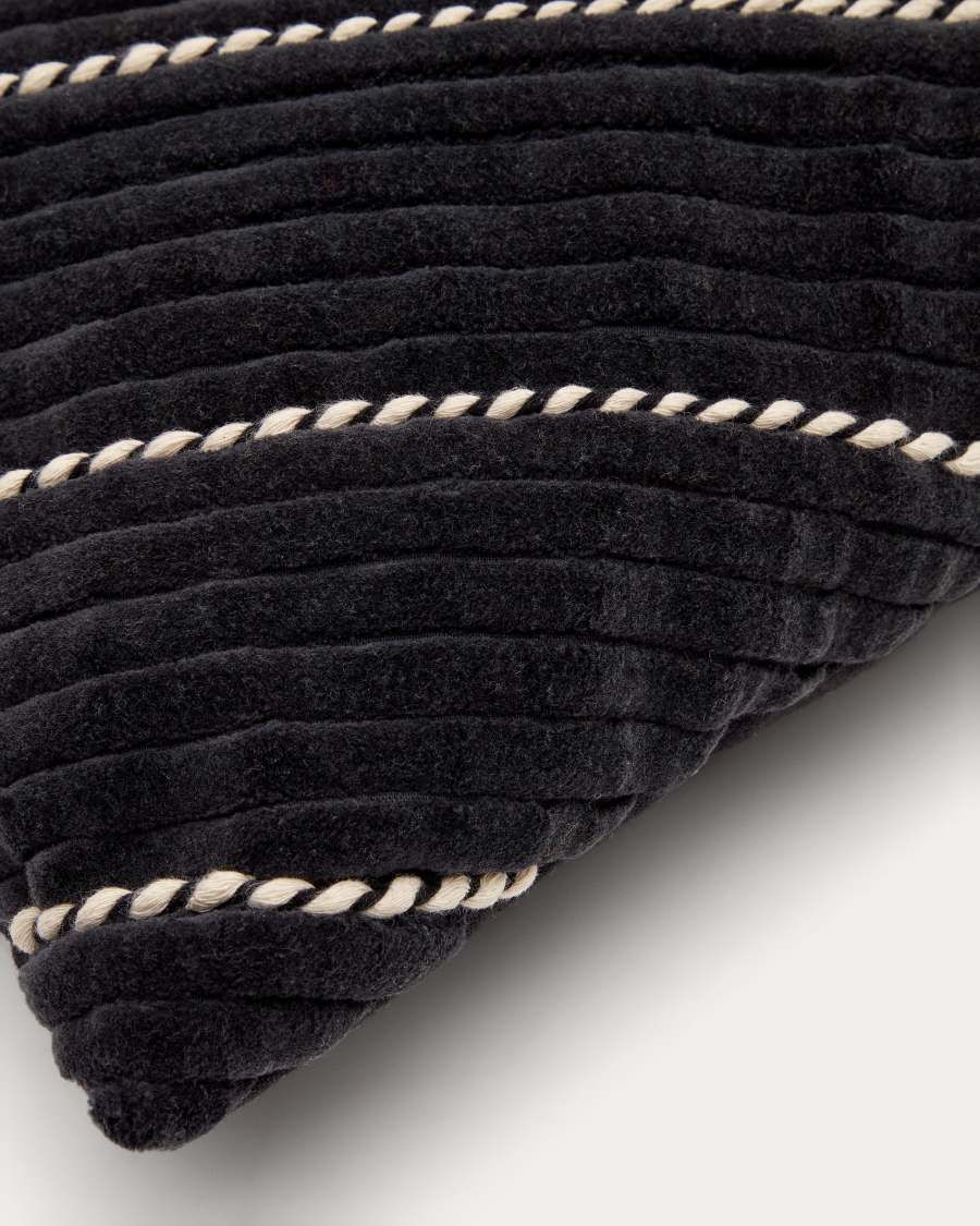 Zwarte Maik-kussensloop van katoenen en fluweel met contrasterend wit lint 30 x 50 cm