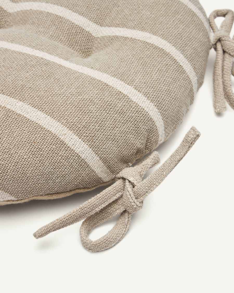 Margarida 100% beige cotton chair cushion with white stripe pattern, Ø 40 cm