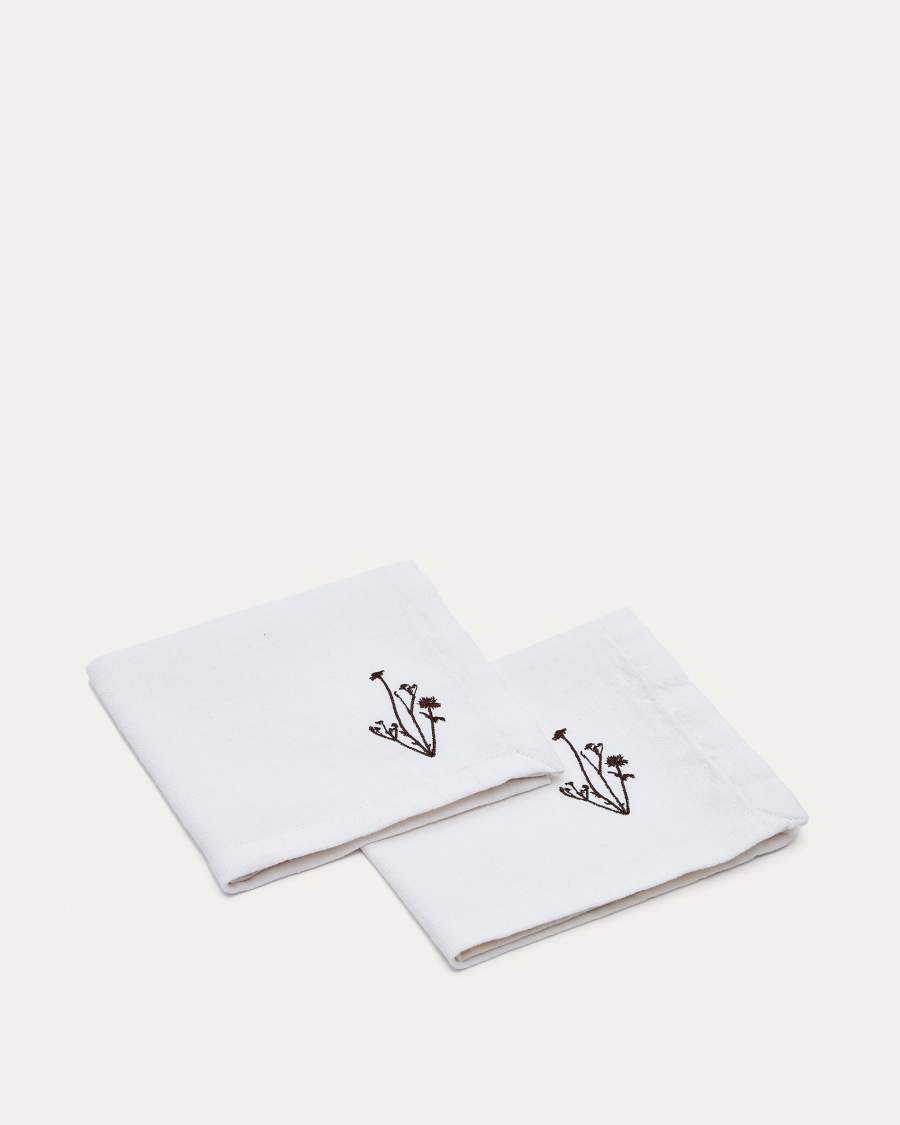 Mada set of 2 linen and white cotton napkins with brown flower embroidery