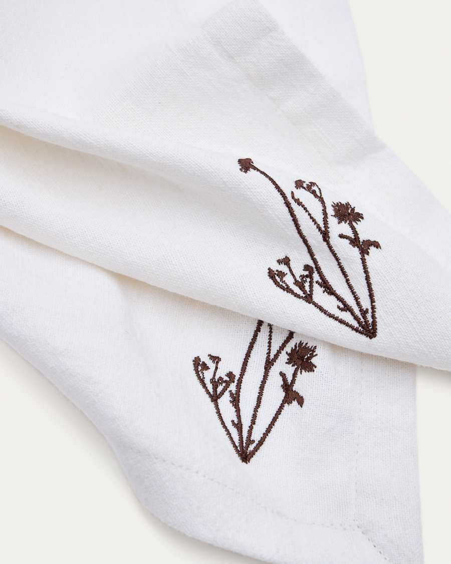 Mada set of 2 linen and white cotton napkins with brown flower embroidery