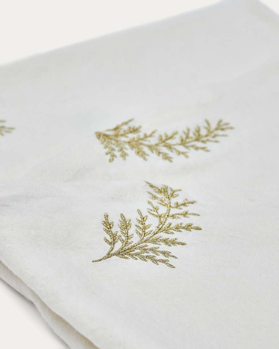 Estovalles rodó Masha de cotó i lli blanc detall brodat de fulles lurex daurat Ø150cm
