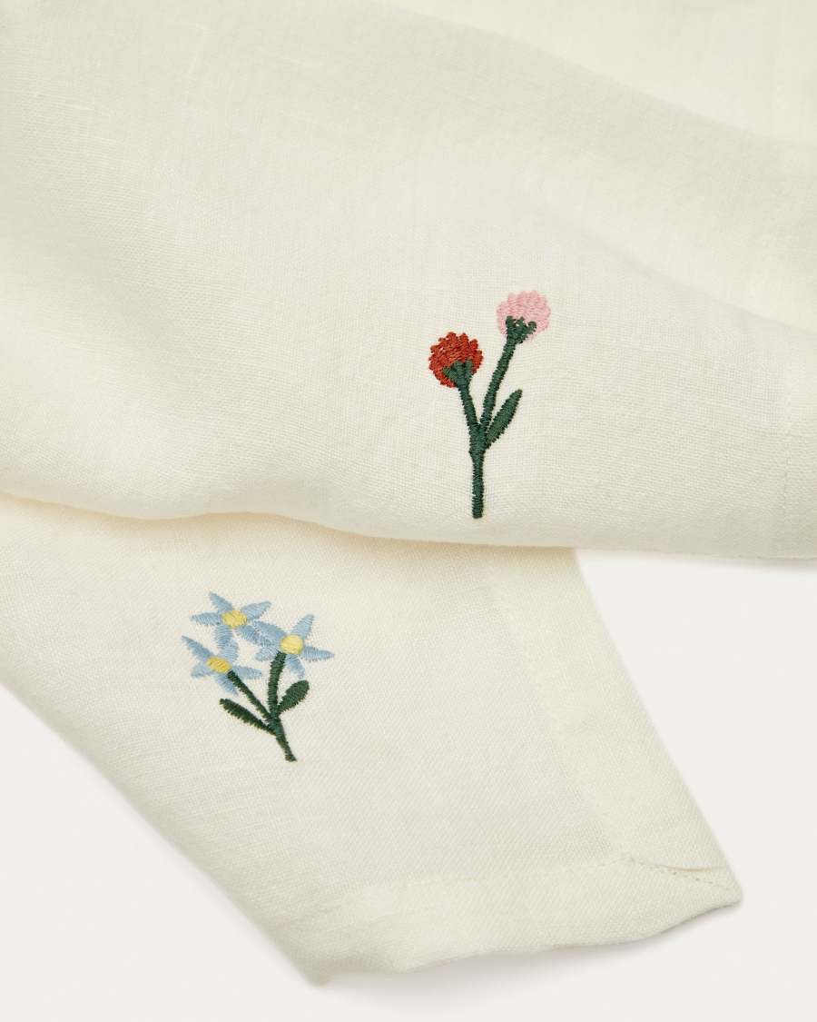 Set Sadurni de 2 serviettes 100% lin blanc avec broderie fleurs bleues et rouges
