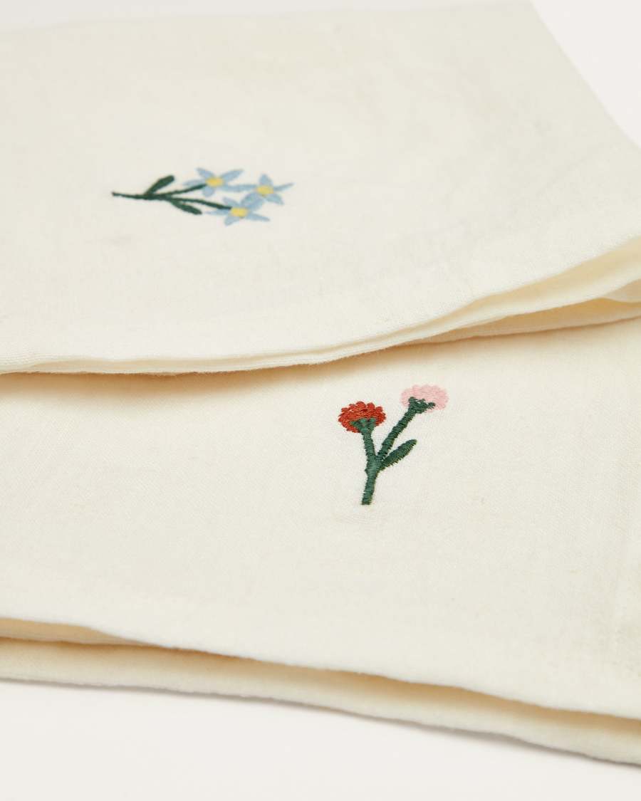 Set Sadurni de 2 serviettes 100% lin blanc avec broderie fleurs bleues et rouges