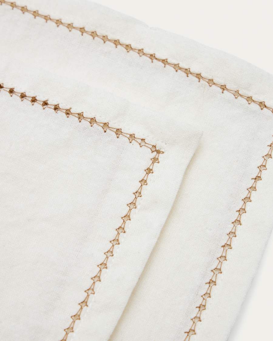 Set Malu de 2 serviettes en coton et lin blanc avec détail broderie beige