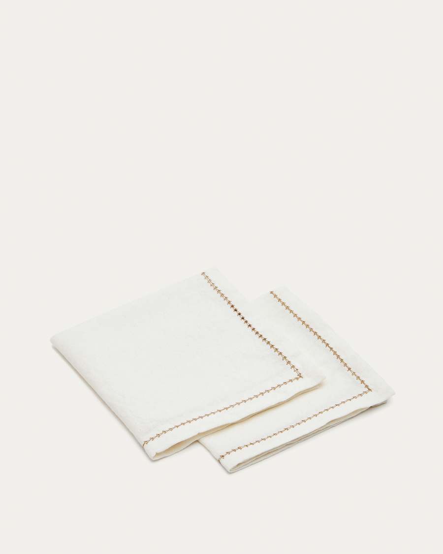 Set Malu de 2 serviettes en coton et lin blanc avec détail broderie beige