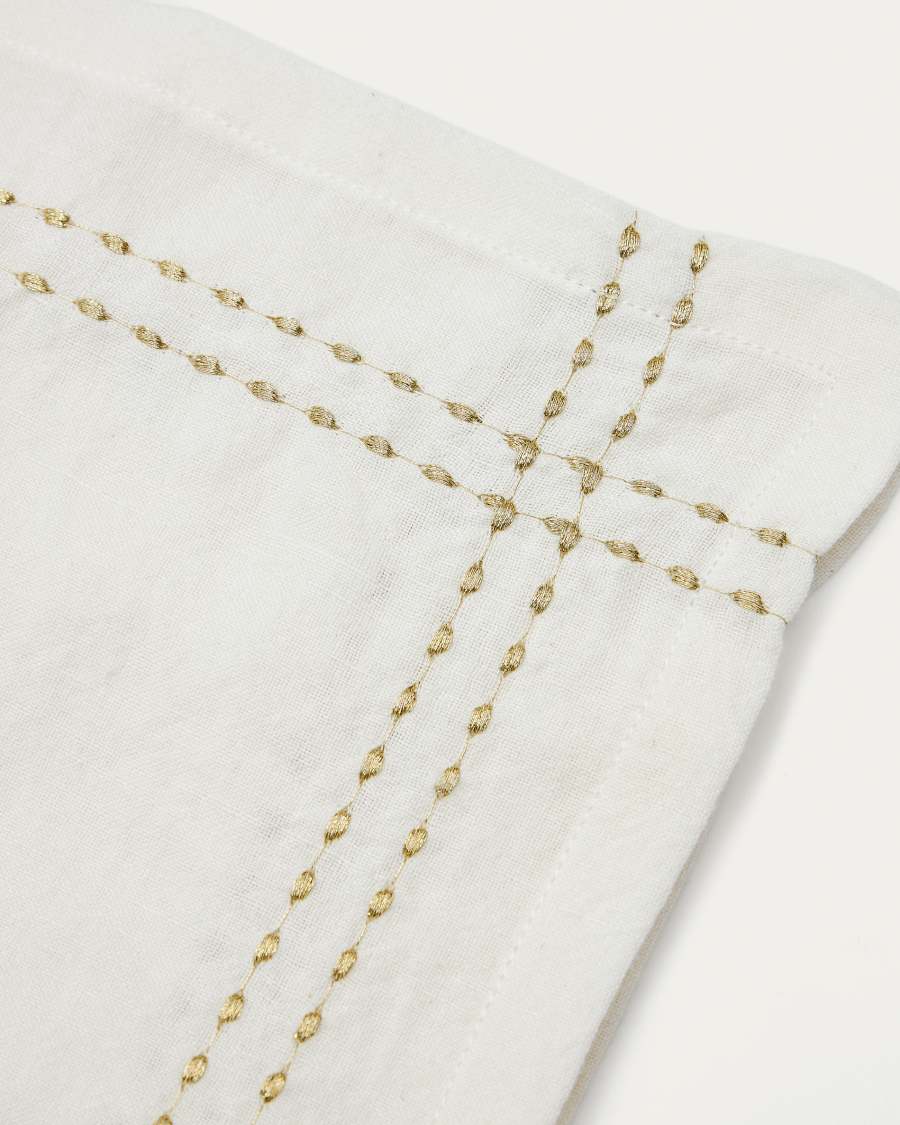 Marek set of 2 white linen and cotton napkins with gold embroidery double stitching
