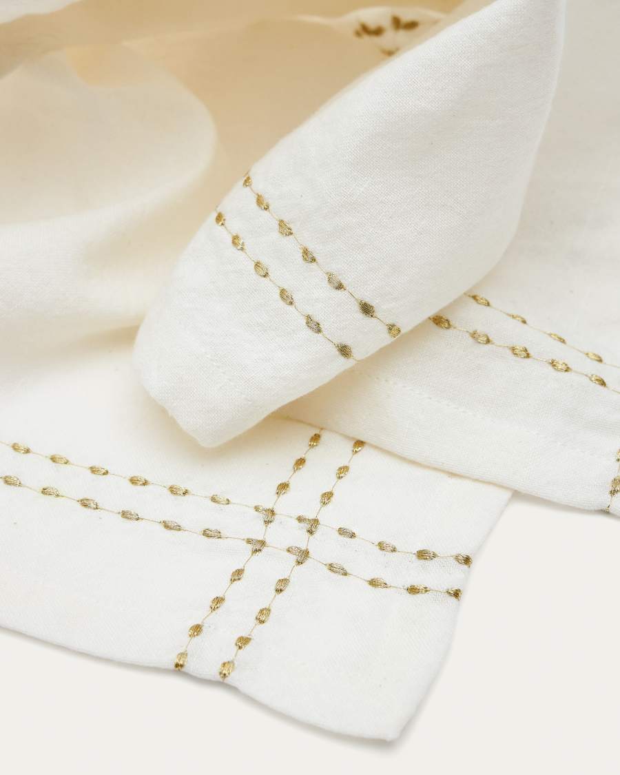 Marek set of 2 white linen and cotton napkins with gold embroidery double stitching