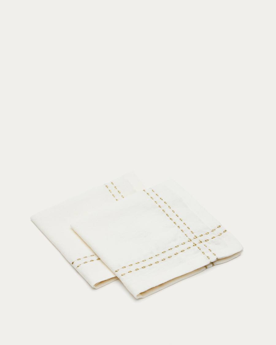 Marek set of 2 white linen and cotton napkins with gold embroidery double stitching