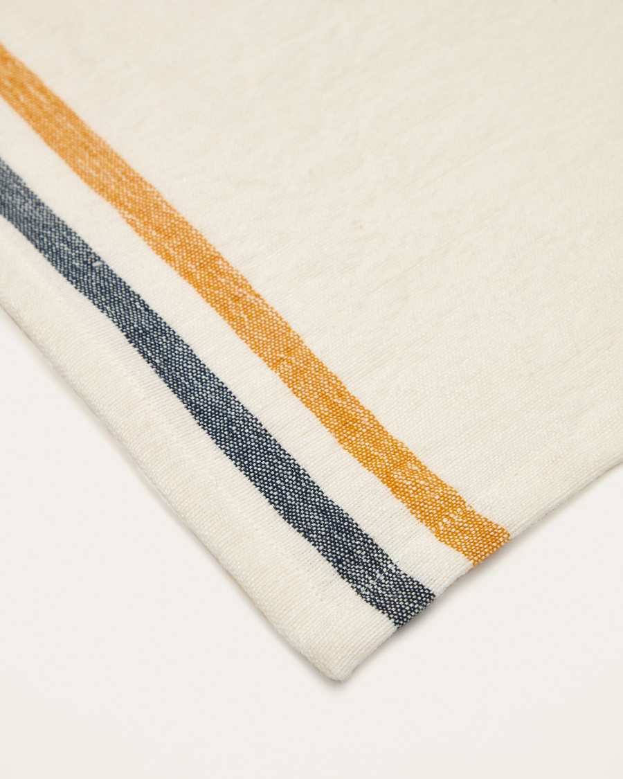 Chemin de table Vallcanera en coton et lin avec rayures jaunes et bleues 50 x 160 cm