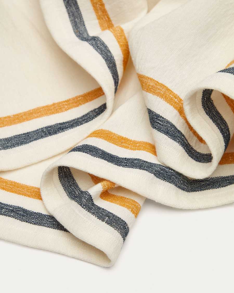 Chemin de table Vallcanera en coton et lin avec rayures jaunes et bleues 50 x 160 cm