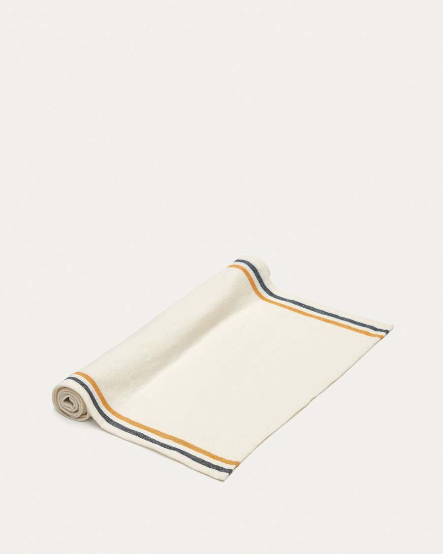 Chemin de table Vallcanera en coton et lin avec rayures jaunes et bleues 50 x 160 cm
