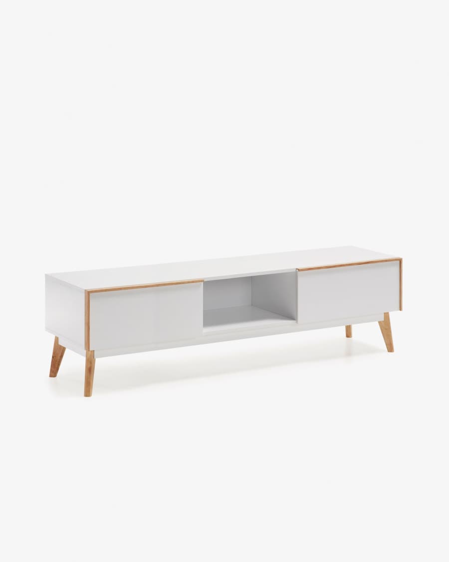 Melan solid rubber wood TV stand with white lacquer, 150 x 45 cm