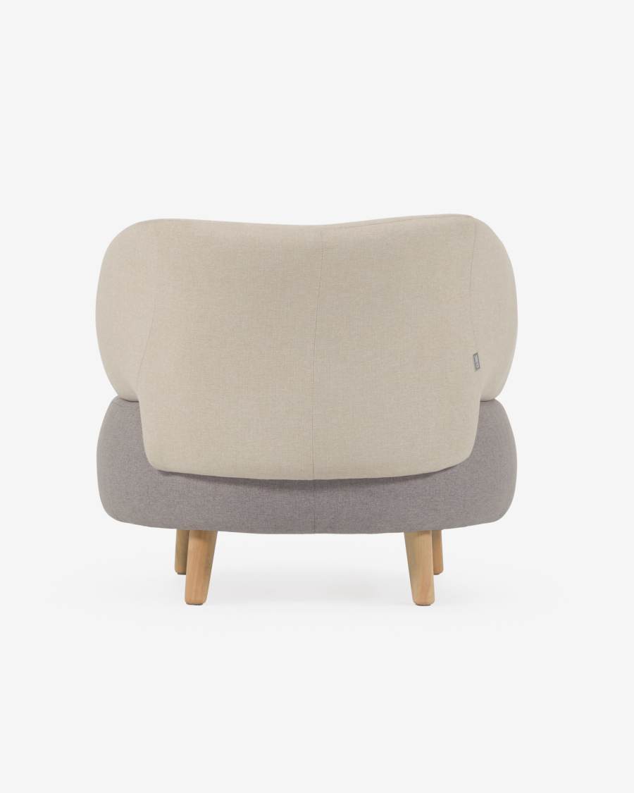Poltrona Luisa grigia e beige con piedi in legno massello di caucciù