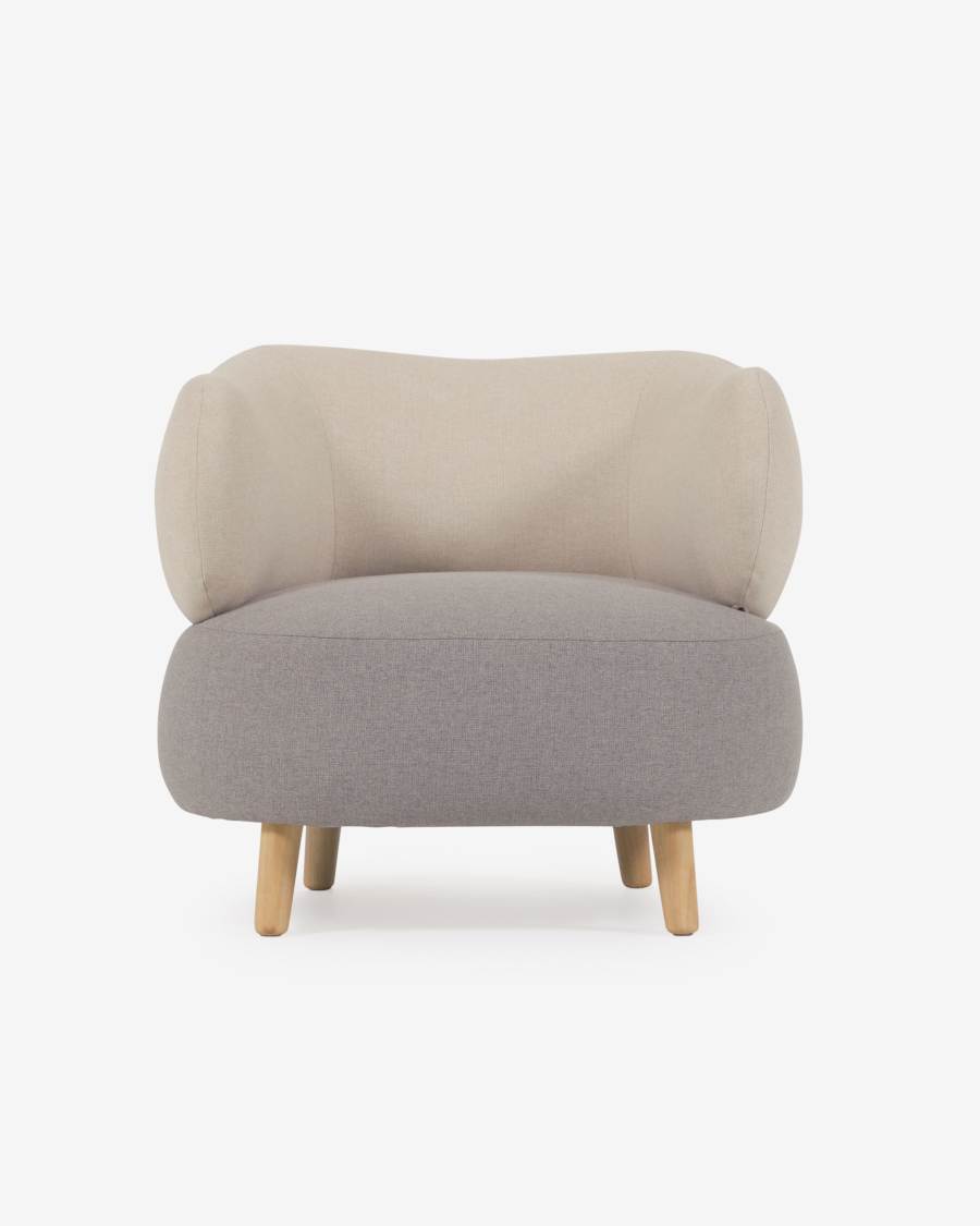 Poltrona Luisa grigia e beige con piedi in legno massello di caucciù