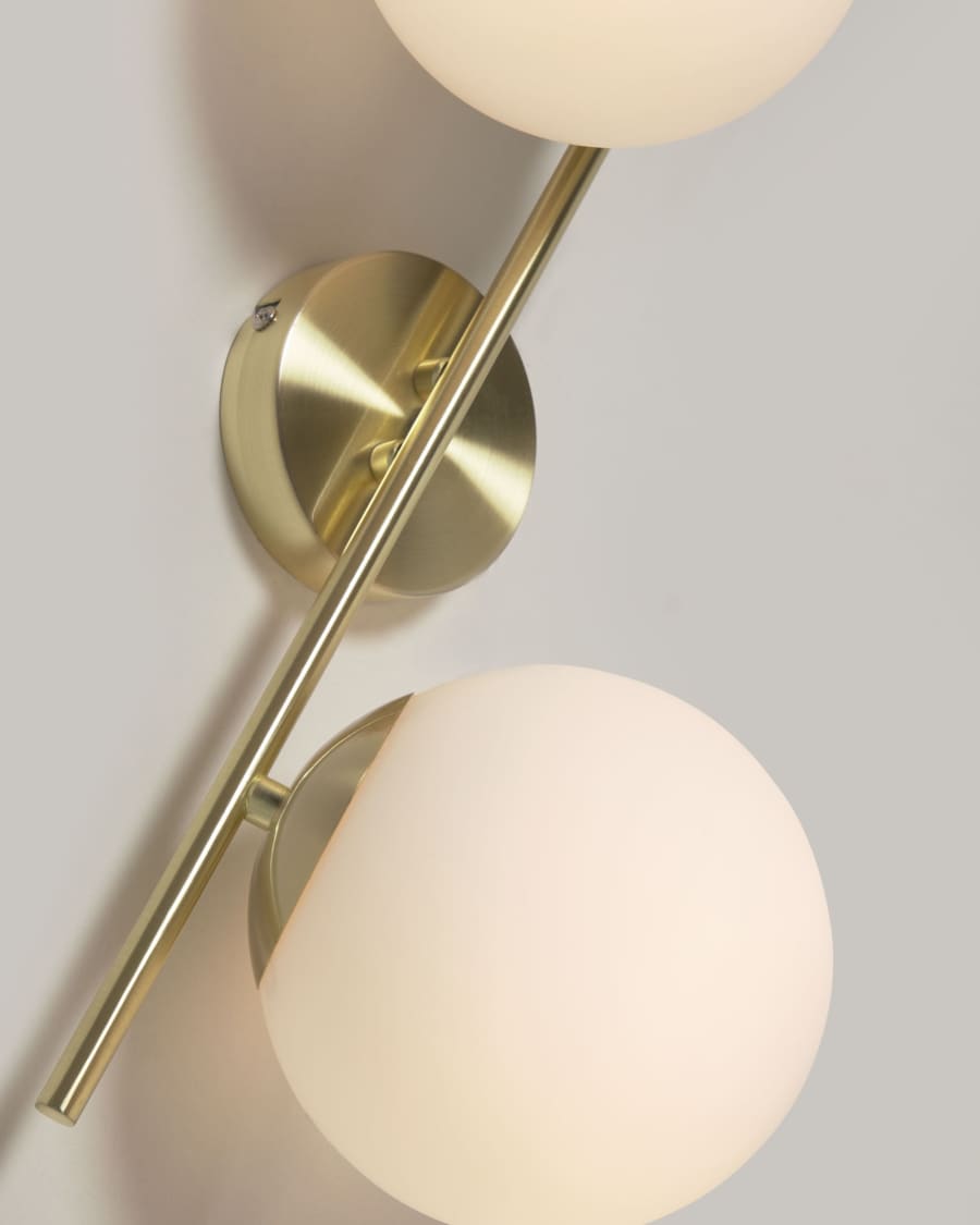 Mahala steel wall light with brass finish and two frosted glass spheres