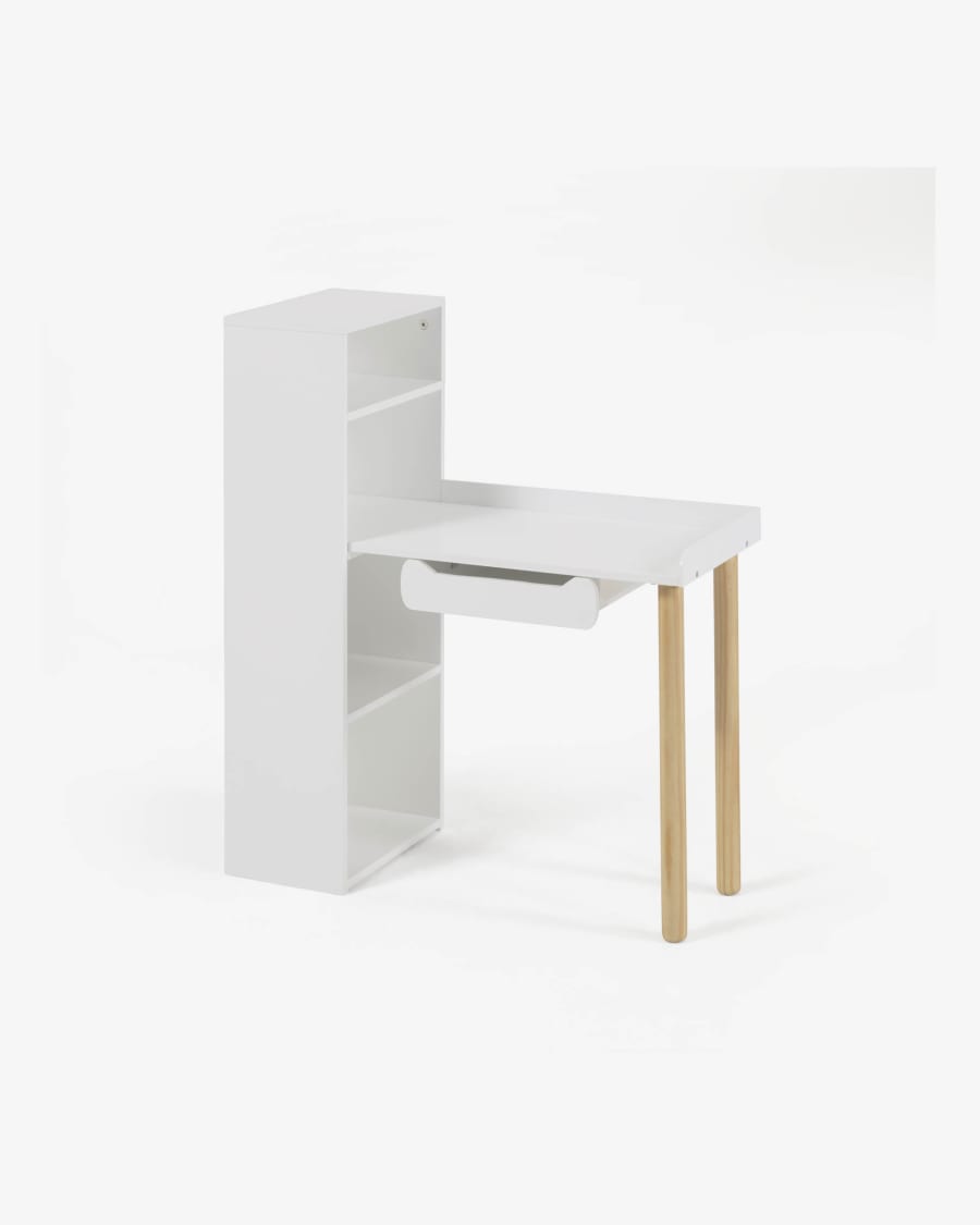 Scrivania Dorotea con ripiano in MDF bianca e gambe in legno di pino naturale FSC