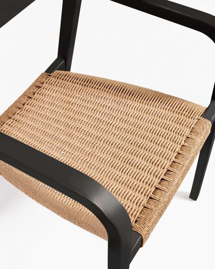 Better stackable chair in solid acacia wood with matt black finish and beige paper rope