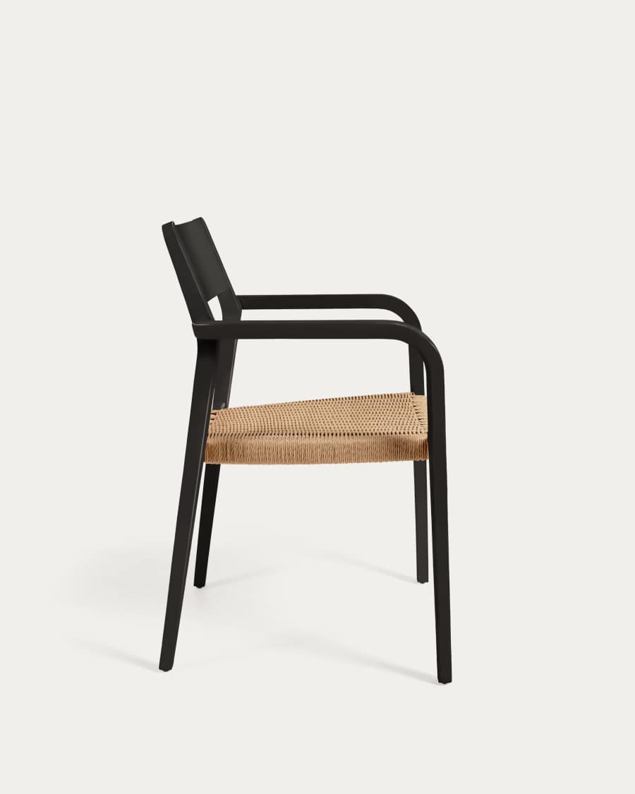 Better stackable chair in solid acacia wood with matt black finish and beige paper rope