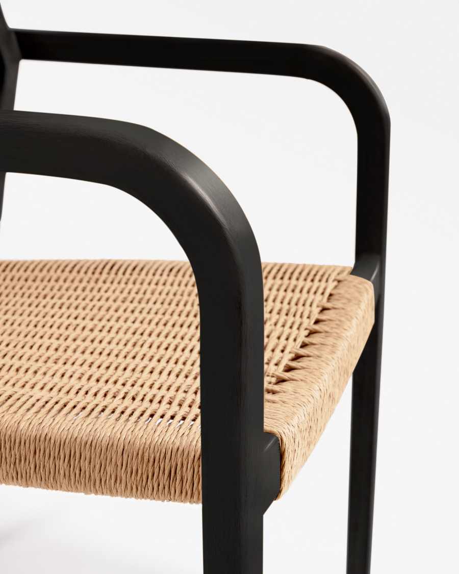 Better stackable chair in solid acacia wood with matt black finish and beige paper rope
