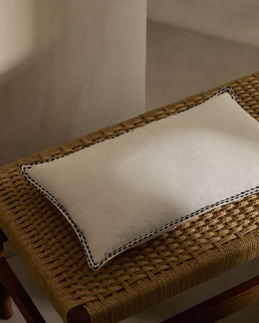 Kissenbezug Sinet aus weißem Leinen mit beigefarbener Stickerei 30 x 50 cm