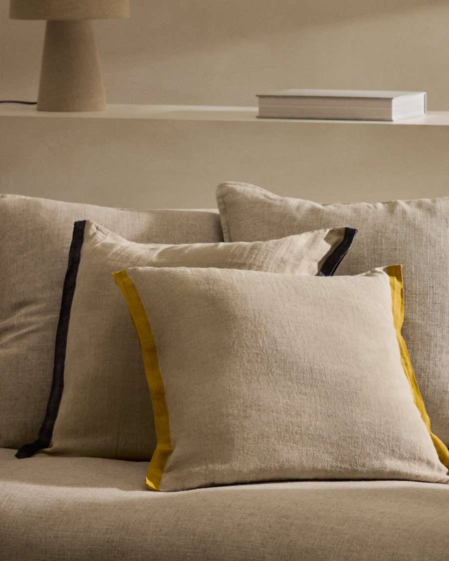 Suerta beige and mustard cushion cover, 100% linen, 50 x 50 cm