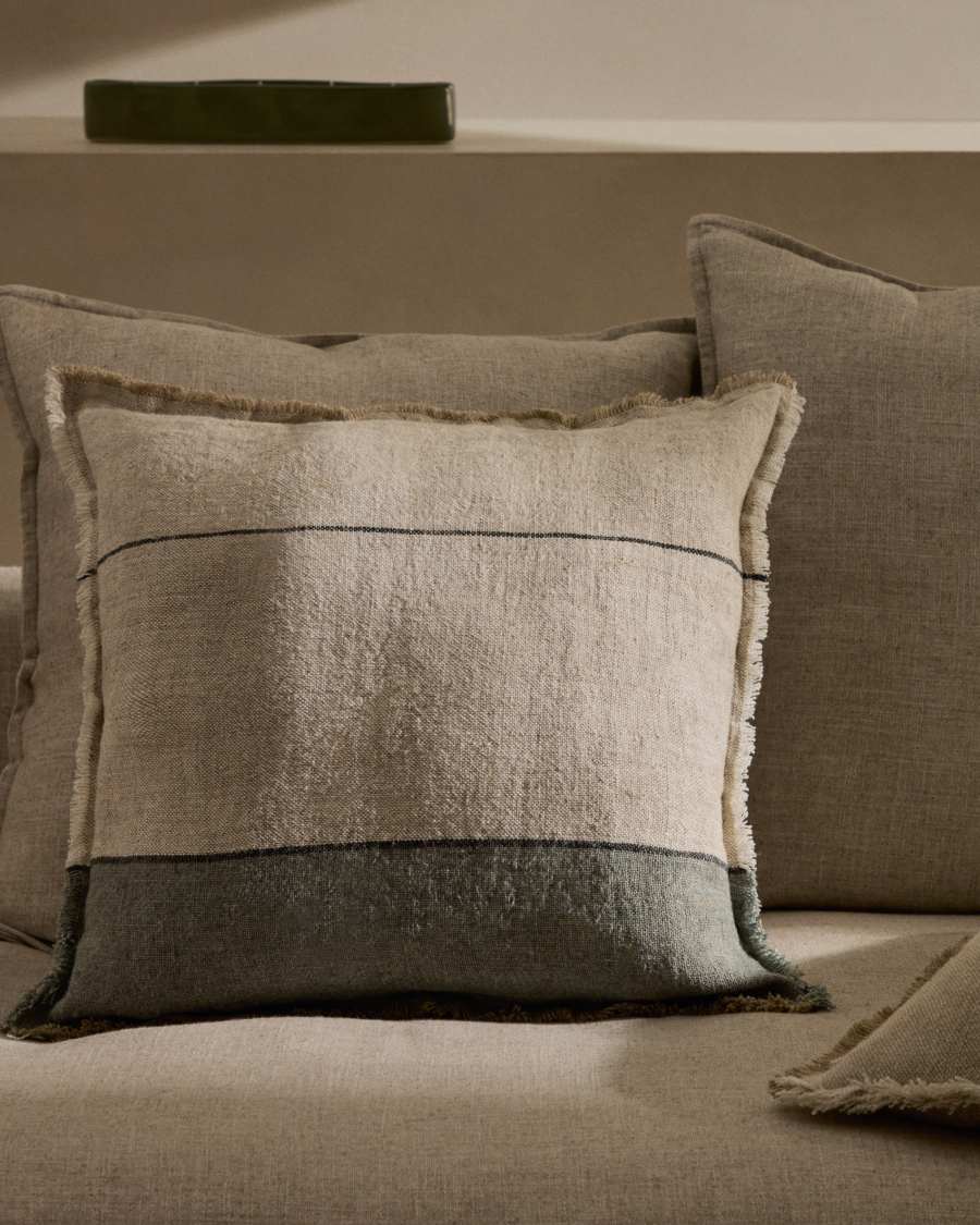 Federa cuscino Seloia 100% lino a righe e con frange verde 50 x 50 cm