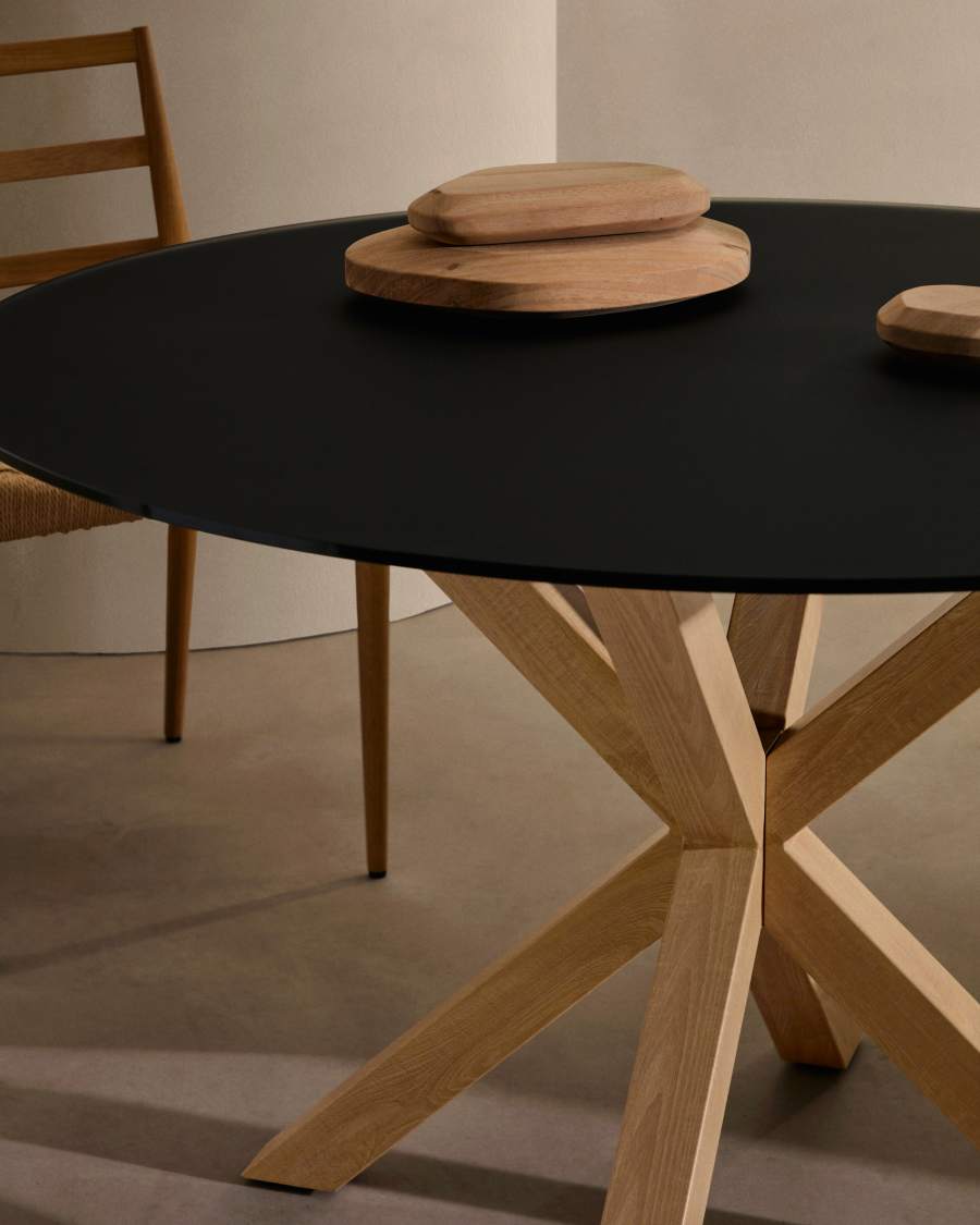 Argo round table in frosted black glass and wood effect steel legs, Ø 120 cm