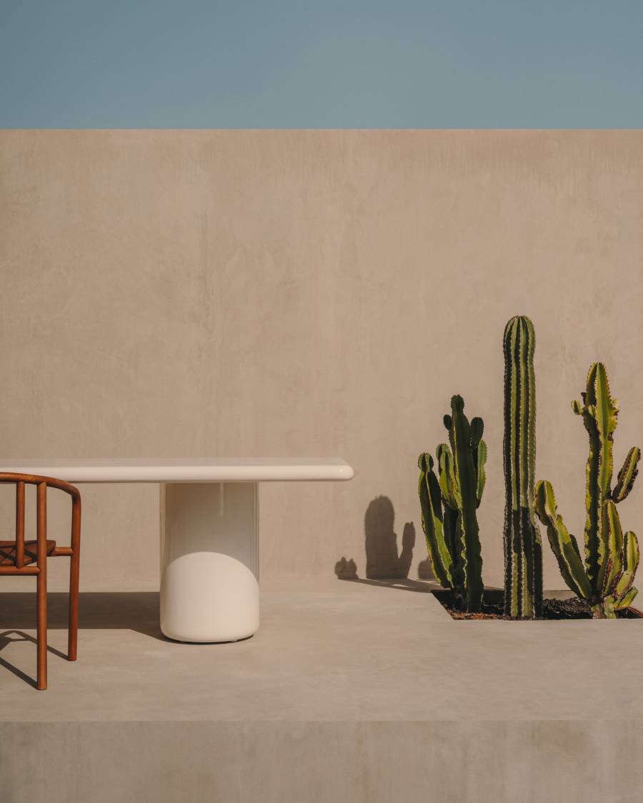 Canaret cement table in a glossy white finish, 239 cm x 102 cm