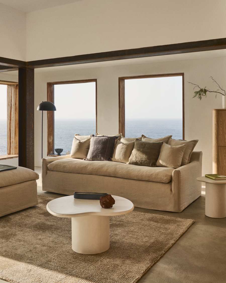 Divano sfoderabile Zenira 3 posti con cuscini in cotone e lino beige 230 cm