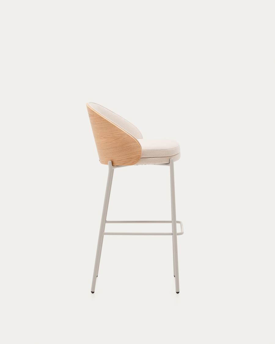 Tabouret Eamy en chenille beige, placage de frêne, finition naturelle et métal beige hauteur 77 cm