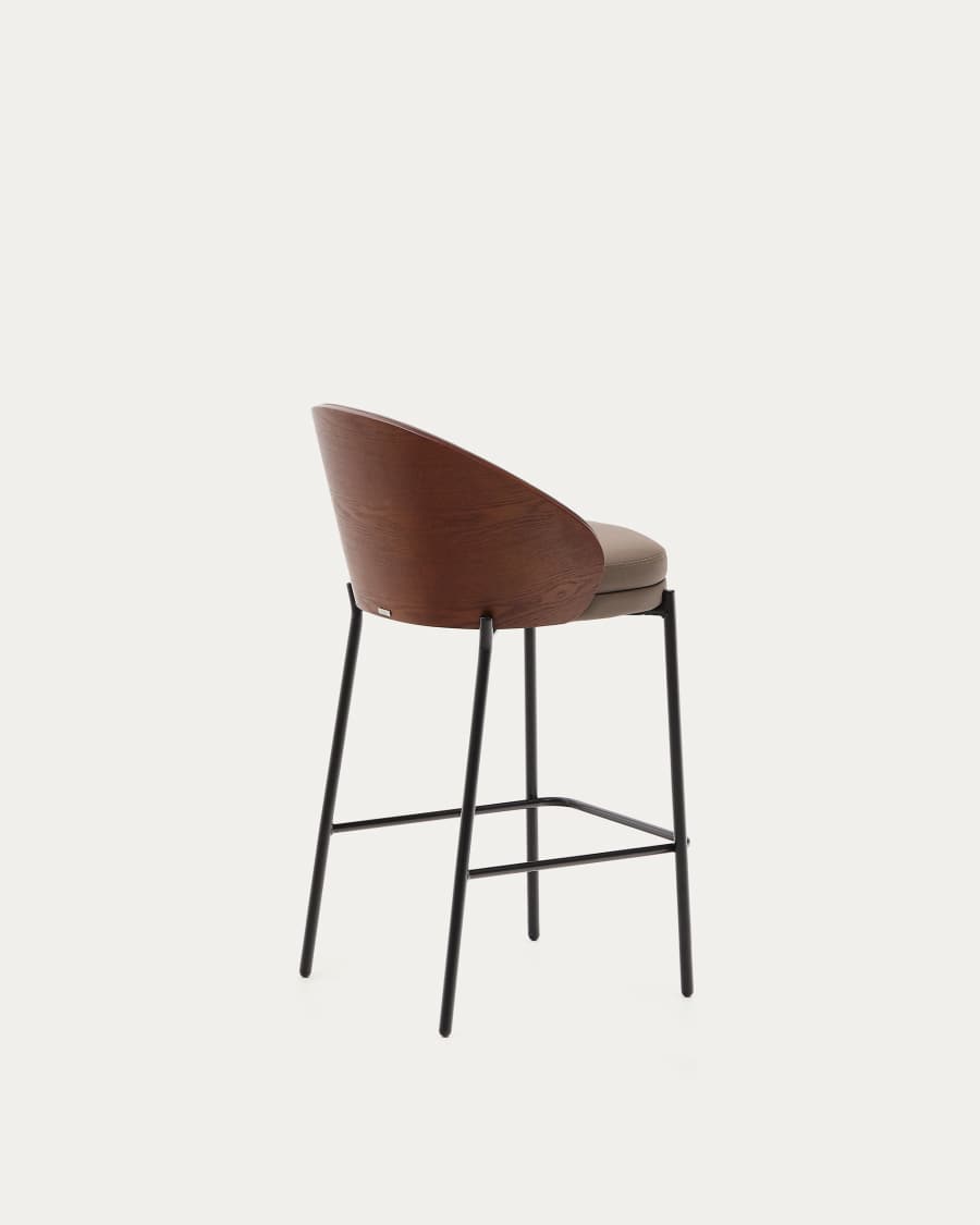 Eamy stool in brown faux leather, ash veneer, walnut finish and black metal 65 cm
