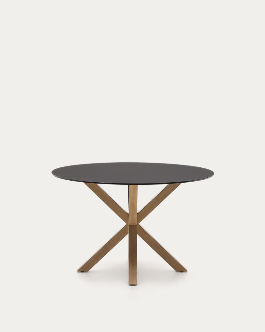 Argo round table in frosted black glass and wood effect steel legs, Ø 120 cm