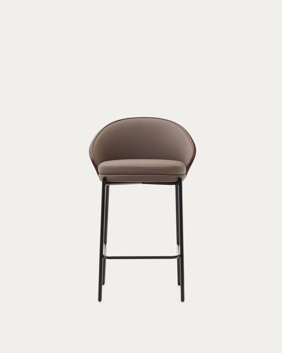 Eamy stool in brown faux leather, ash veneer, walnut finish and black metal 65 cm