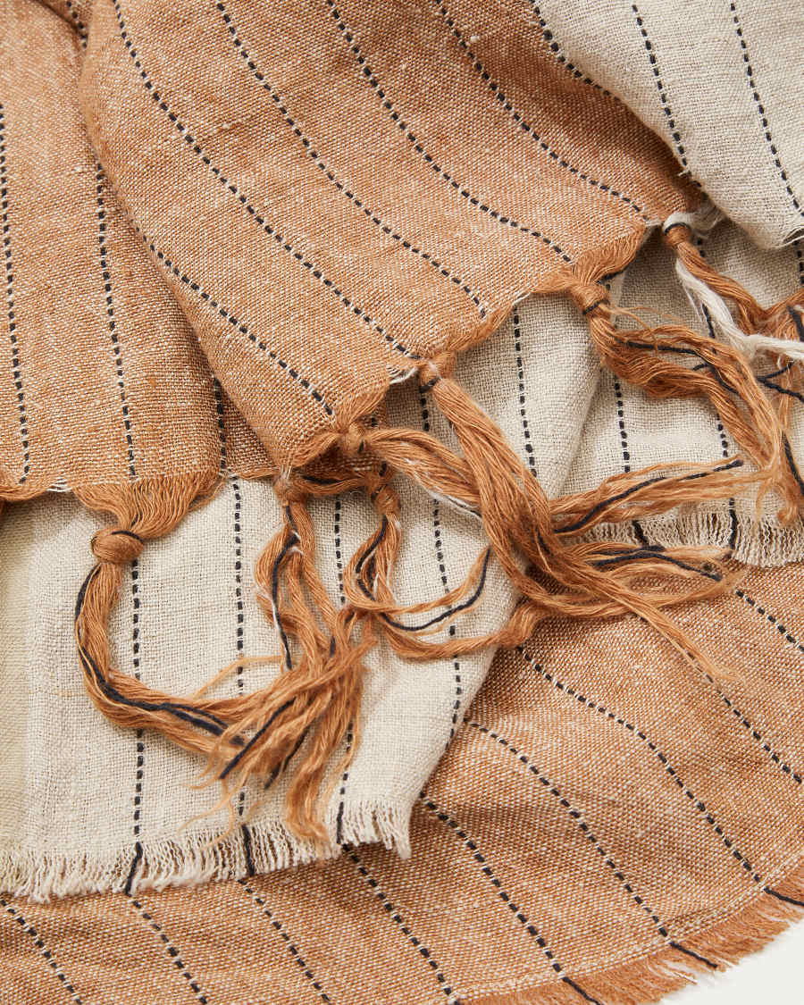Sunig beige and terracotta striped blanket, 100% linen, 130 x 170 cm