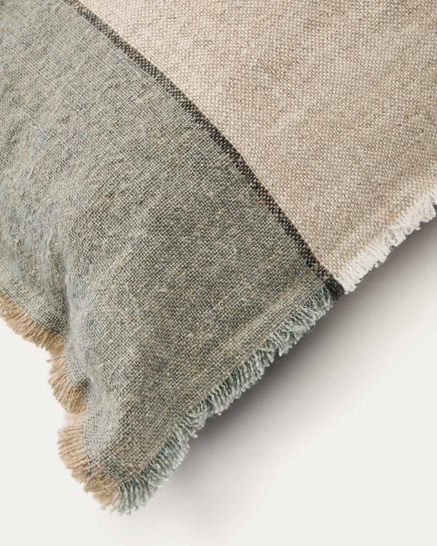 Federa cuscino Seloia 100% lino a righe e con frange verde 50 x 50 cm