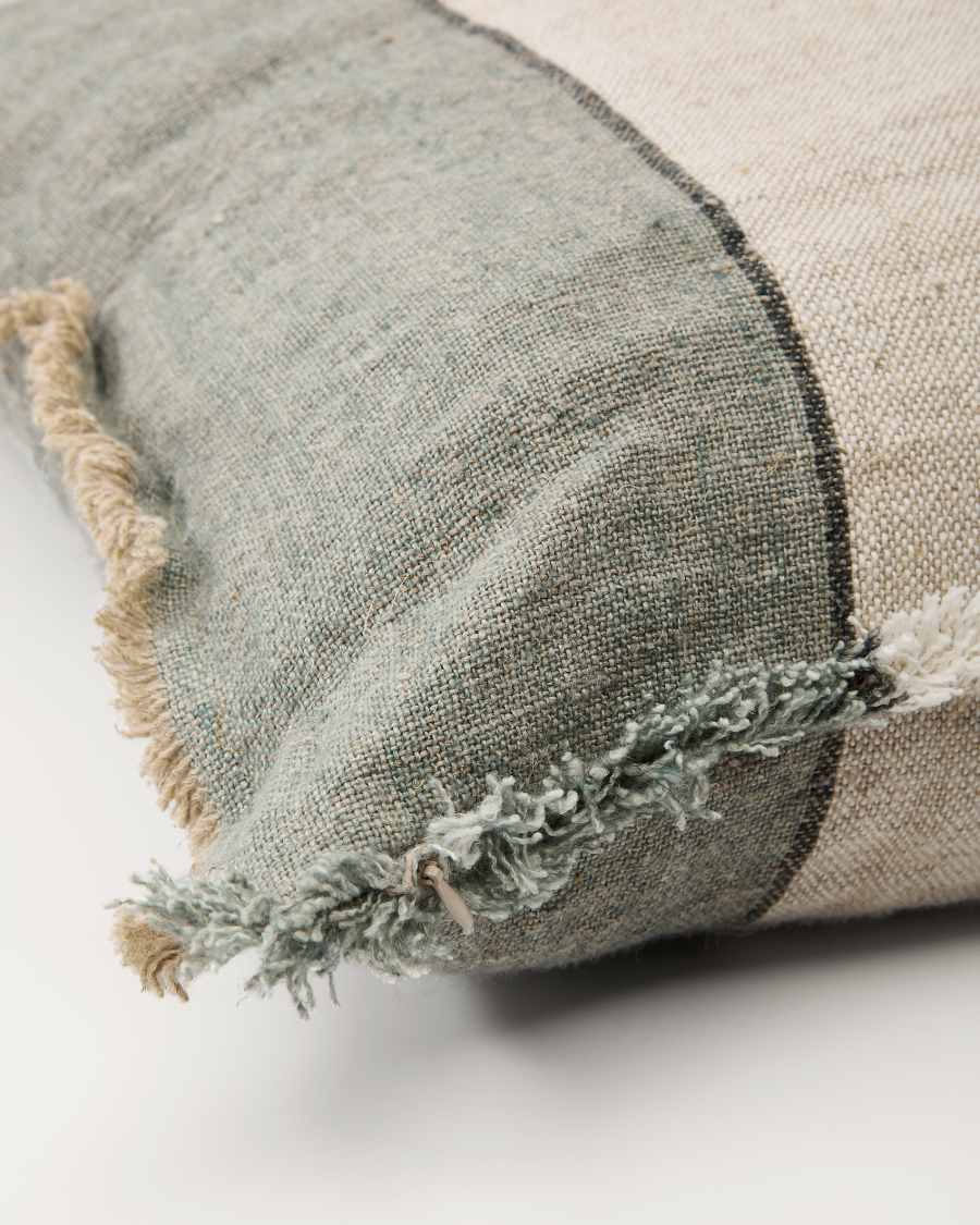 Federa cuscino Seloia 100% lino a righe e con frange verde 50 x 50 cm
