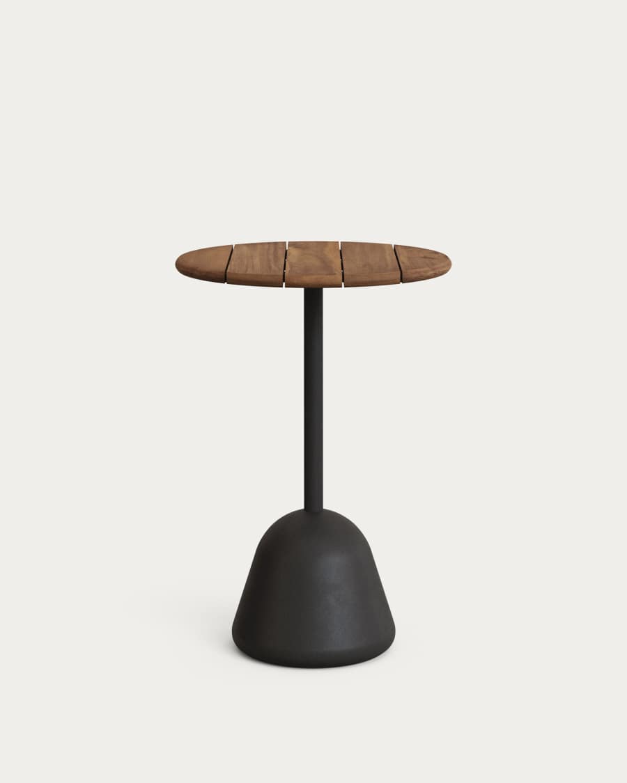 Saura high bar table with walnut-finished acacia top and black cement base Ø70x99 cm