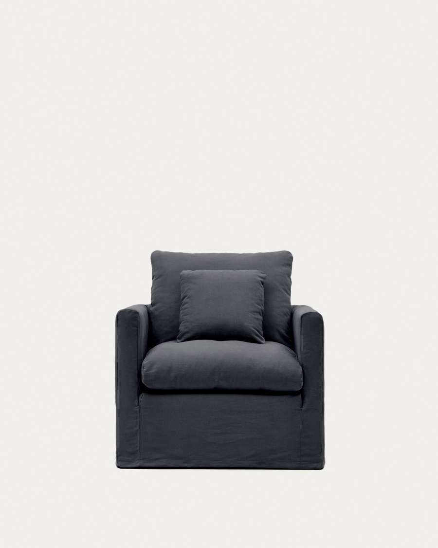 Nora armchair with removable cover with linen and cotton cushion in anthracite grey 92cm