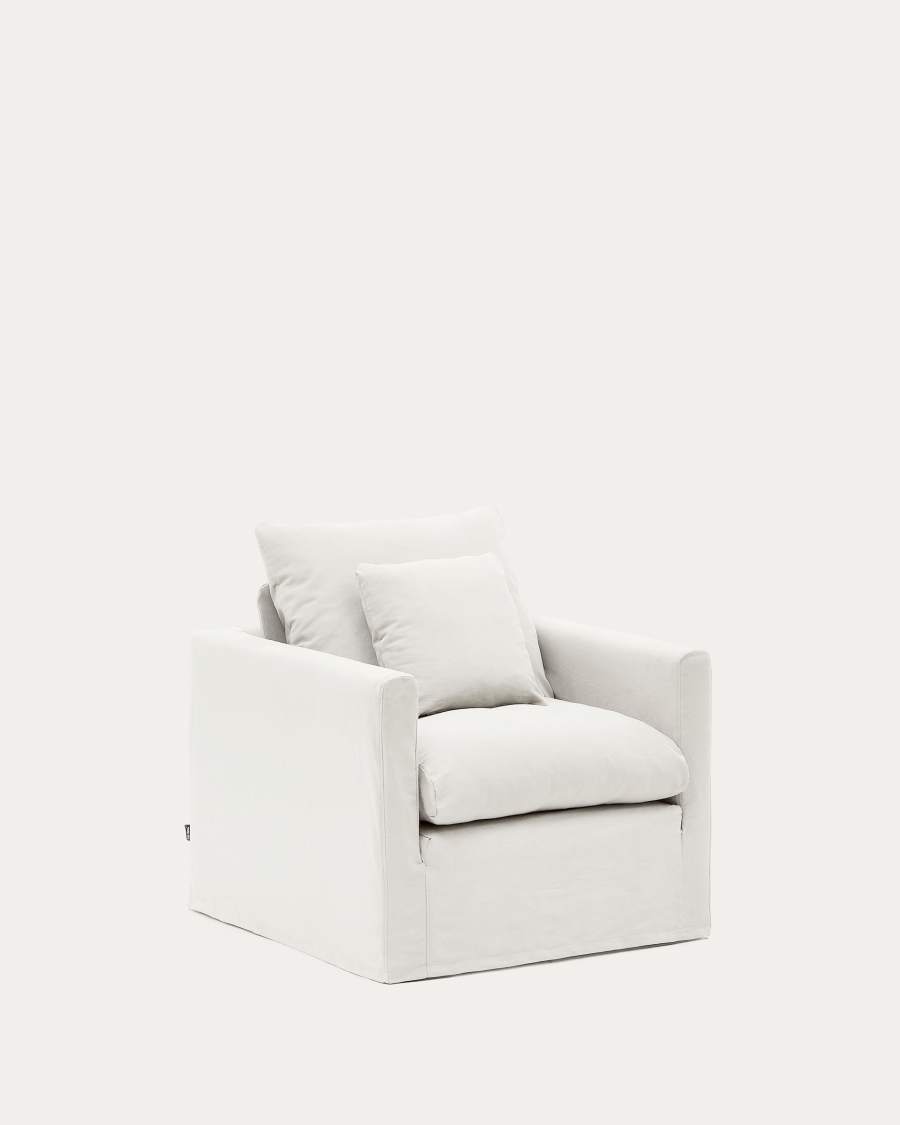 Nora armchair with removable cover with linen and cotton cushion in ecru 92cm