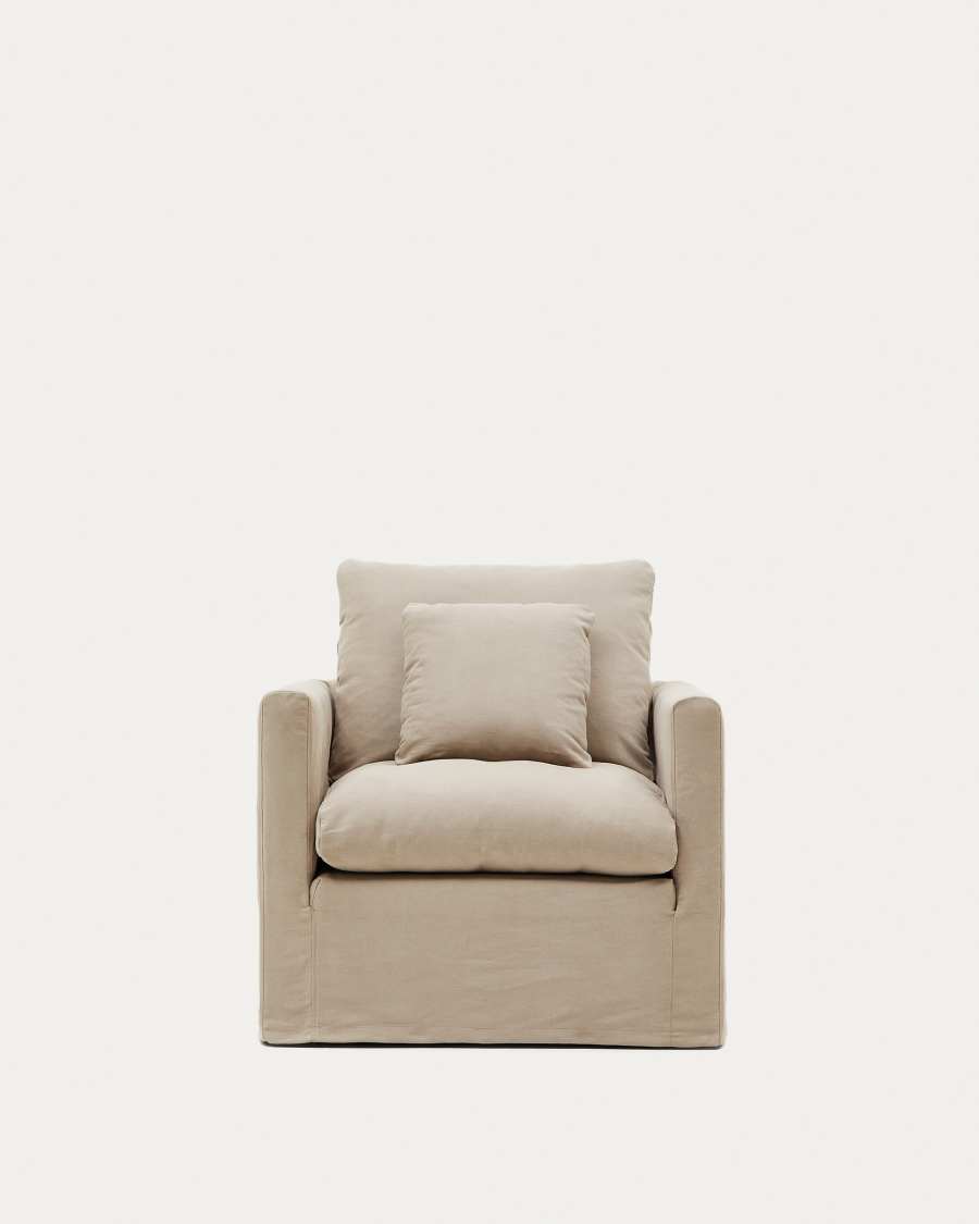 Nora armchair with removable cover with linen and cotton cushion in taupe 92cm
